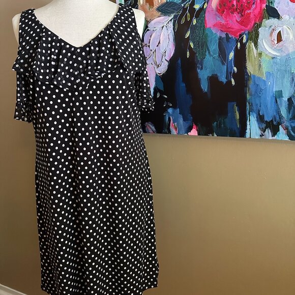 MSK Cold Shoulder V-Neck Dress Black/White Polka Dot Stretch Size L - Picture 1 of 12